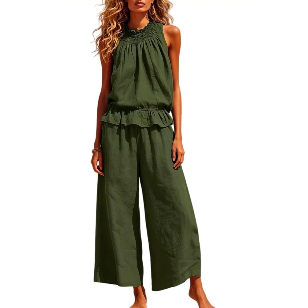 Womens Olive Green Linen Blend 2 Piece Set Smocked Peplum Top Wide Leg Pants L